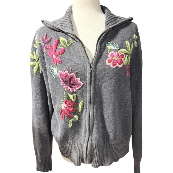Tiara International Sweaters - Tiara International Embroidered Floral Zip Up Vintage Cardigan Sz Large Grandma